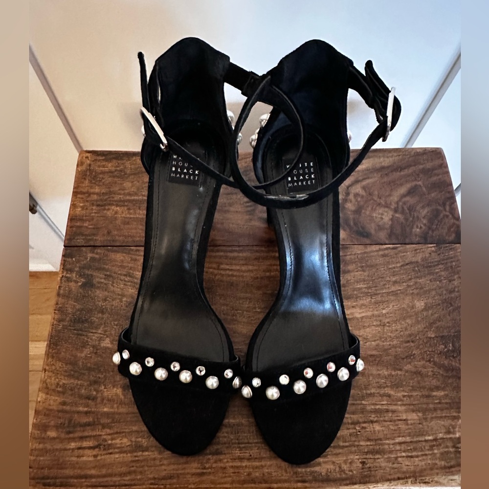 WHBM size 8 block heel sandal—black suede with pearl and rhinestone studs. - Picture 2 of 8